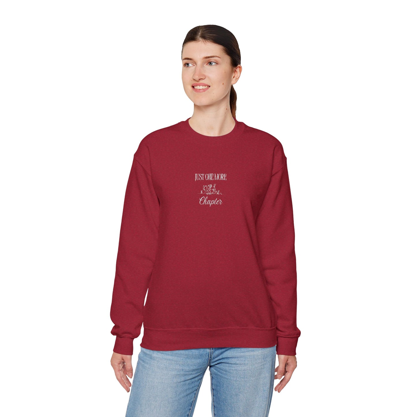 Just One More Chapter Heavy Blend Crewneck Embroidered Sweatshirt