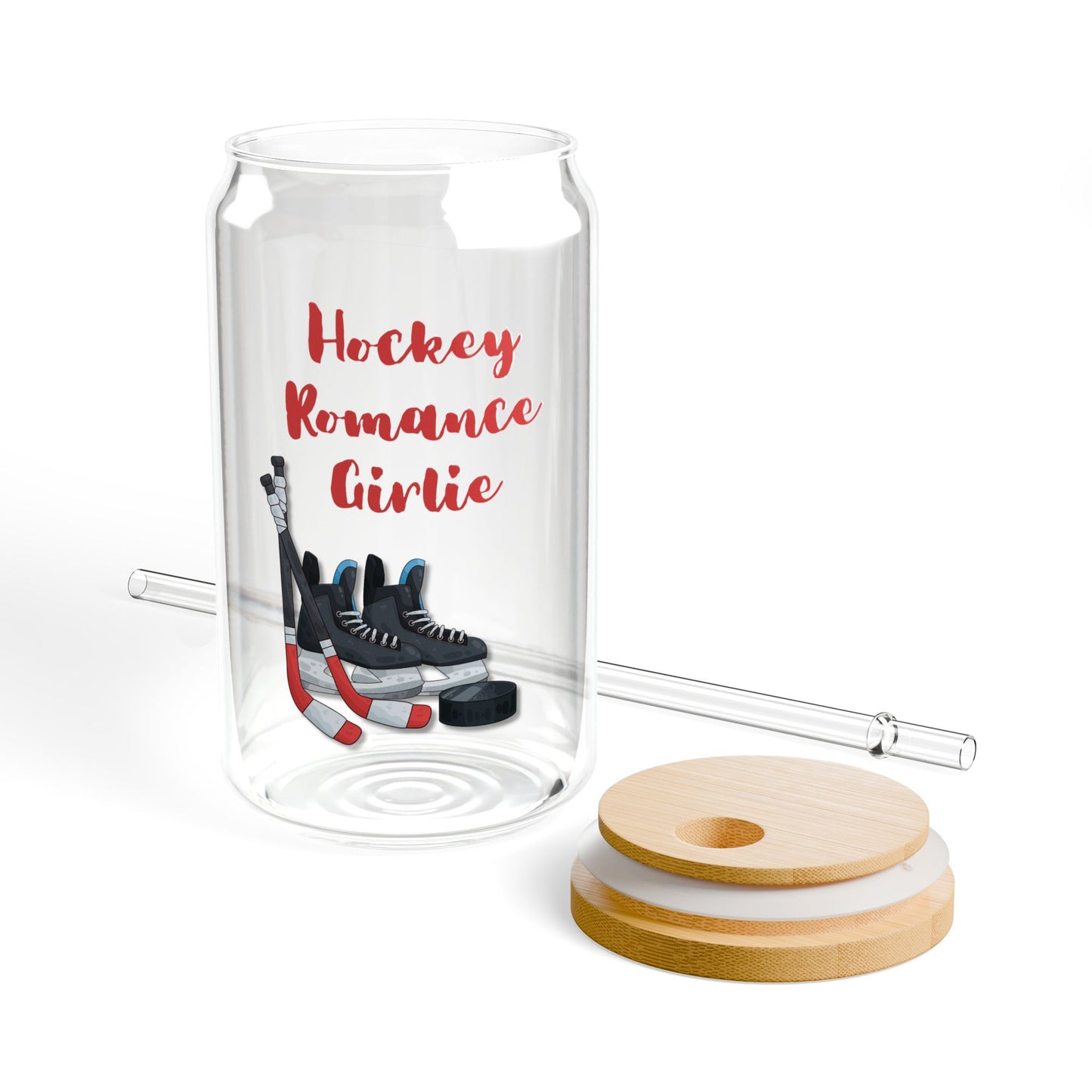 Hockey Romance Sipper Glass - 16oz with Bamboo Lid and Straw