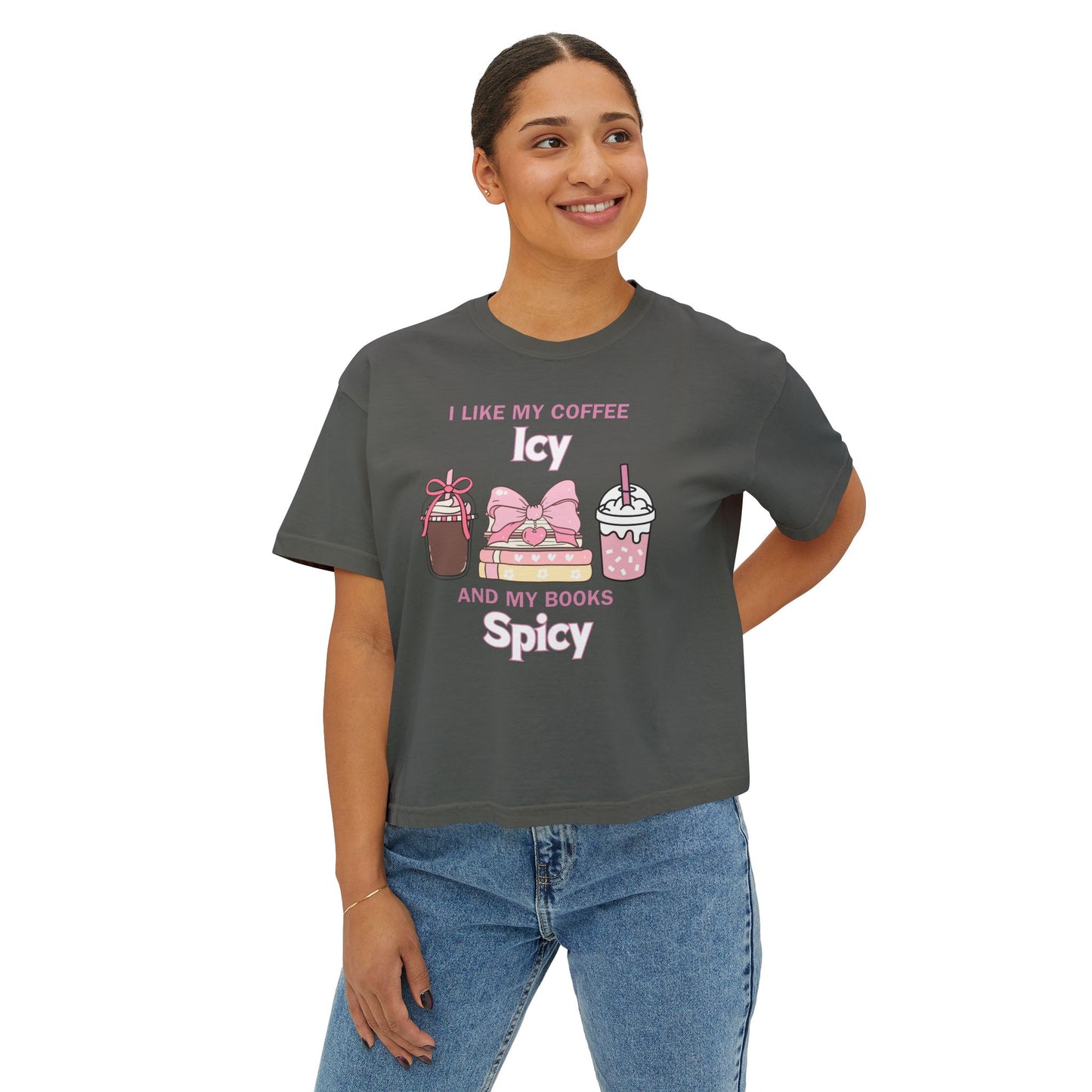 “I Like My Coffee Icy & My Books Spicy” Comfort Colors Boxy Tee
