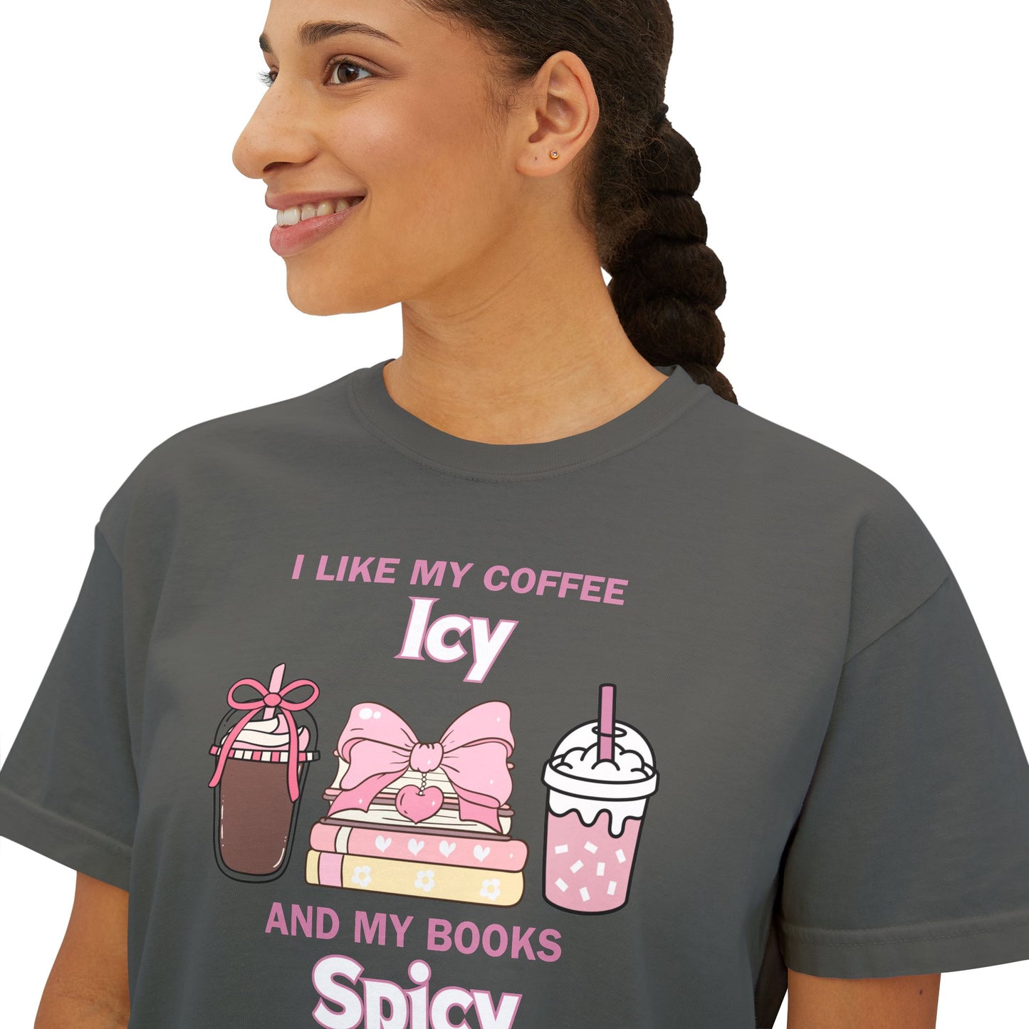 “I Like My Coffee Icy & My Books Spicy” Comfort Colors Boxy Tee