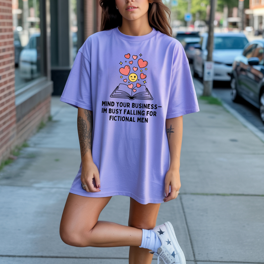 Mind Your Business I'm Falling for Fictional Men T-shirt | Retro Book Hearts